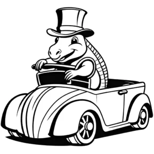 Funny armadillo wearing top hat driving a convertible car with oversized wheels coloring page