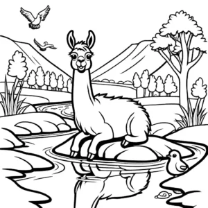 Llama peacefully sits by tranquil stream with birds flying around coloring page
