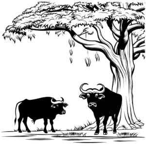 Calm line drawing of a water buffalo standing under a large tree, perfect for a relaxing coloring activity. coloring page