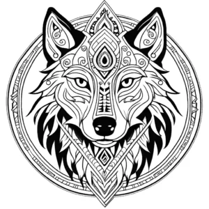 Intricately patterned wolf in tribal artwork coloring page
