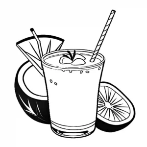 Refreshing coconut drink with a tropical fruit garnish coloring page