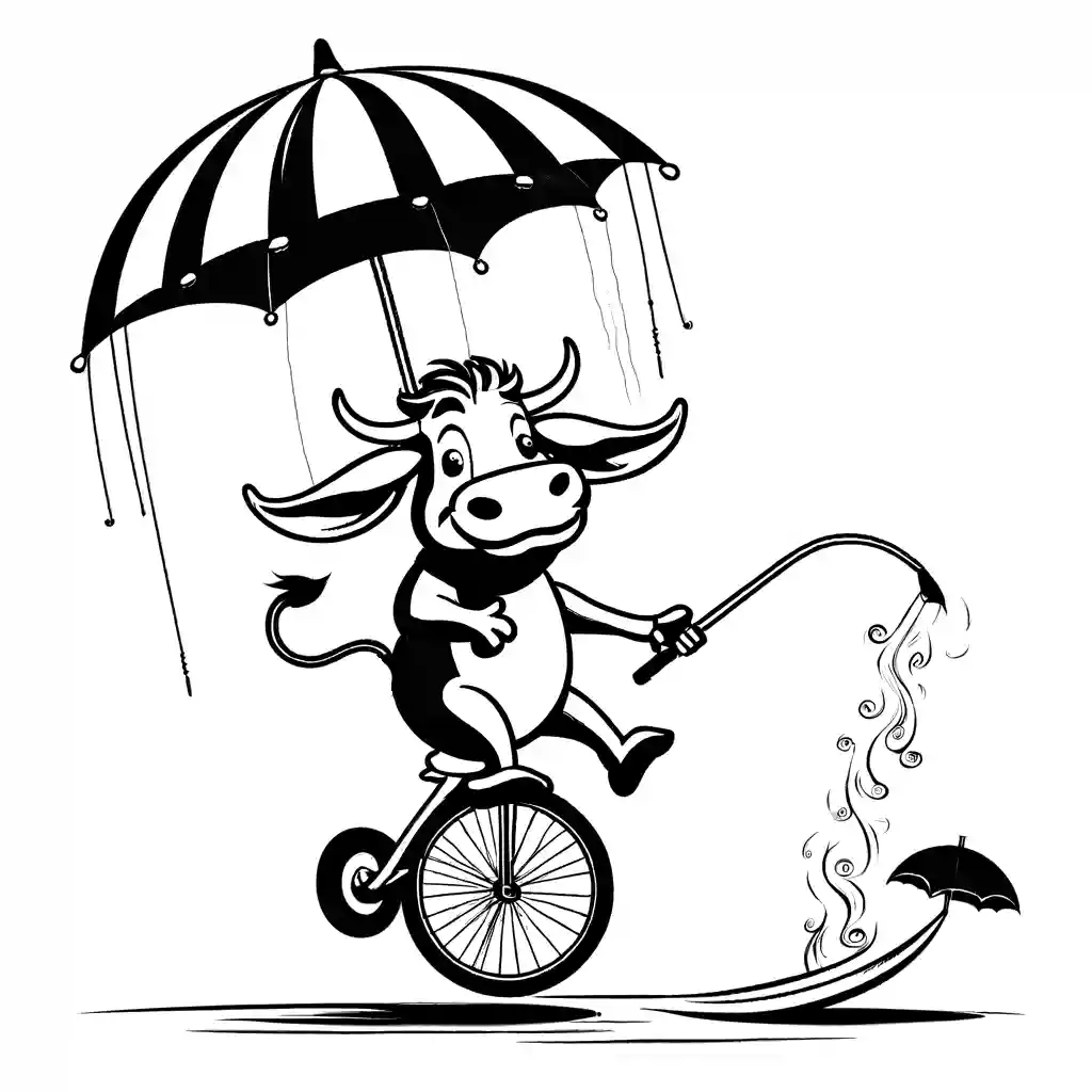Quirky water buffalo with a silly grin riding a unicycle and holding an umbrella. coloring page
