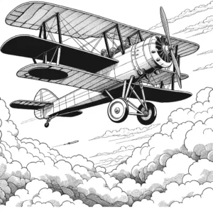 Vintage biplane coloring page with sky and clouds background coloring page