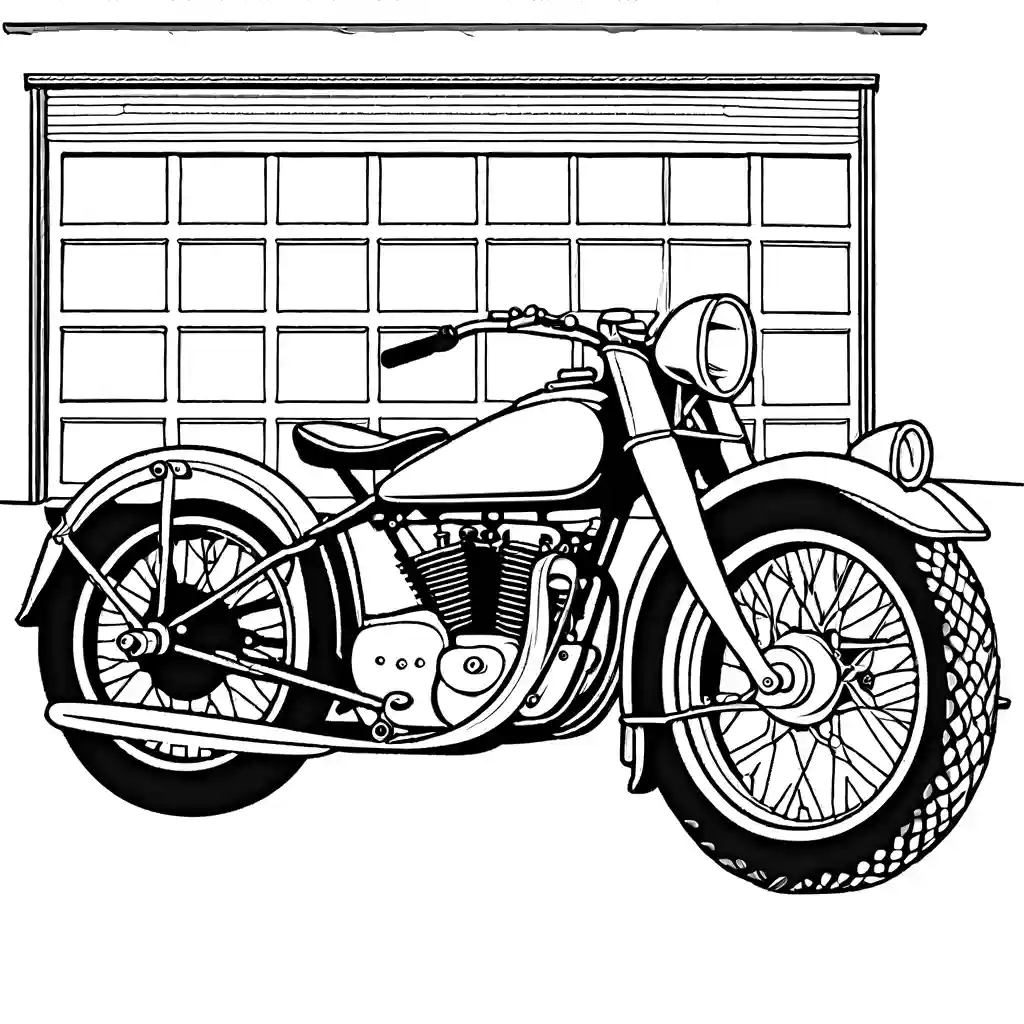 Vintage motorcycle with a sidecar parked in a garage coloring page