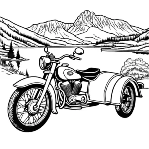 Vintage motorcycle with a sidecar parked in front of a scenic mountain view coloring page