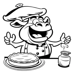 Funny water buffalo chef wearing a tall chef hat, preparing a large pie in a playful kitchen setting. coloring page