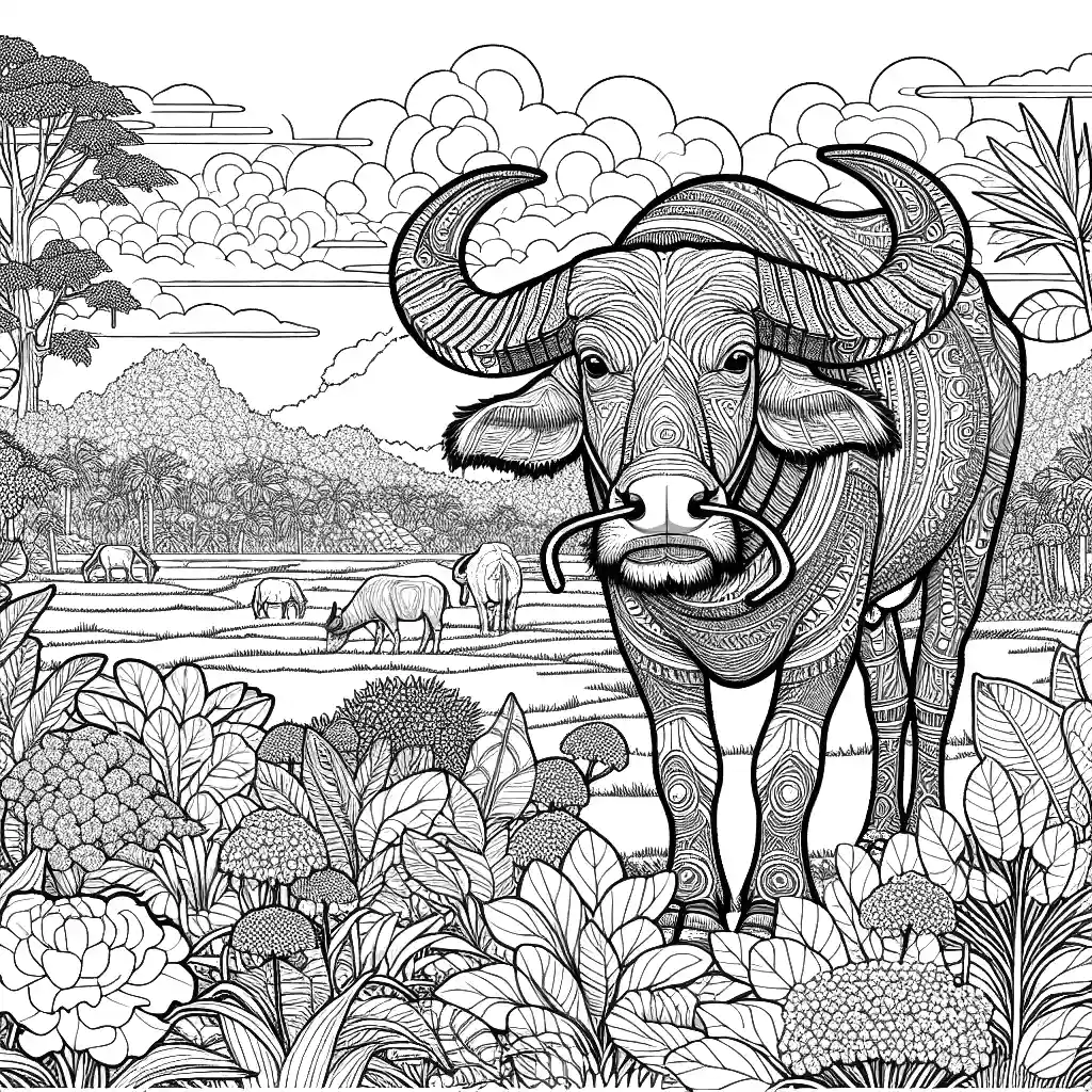 Detailed coloring page of a majestic water buffalo in a natural setting. coloring page