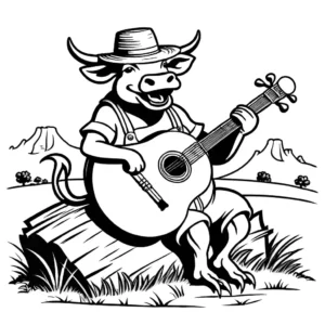 Comical water buffalo seated on a haystack, playing a banjo, and wearing a straw hat in a farm scene. coloring page