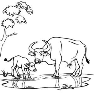 Touching line drawing of a water buffalo with its calf, perfect for coloring. coloring page