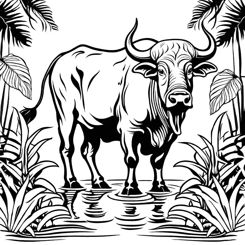 Coloring page of a Water Buffalo surrounded by tropical plants. coloring page
