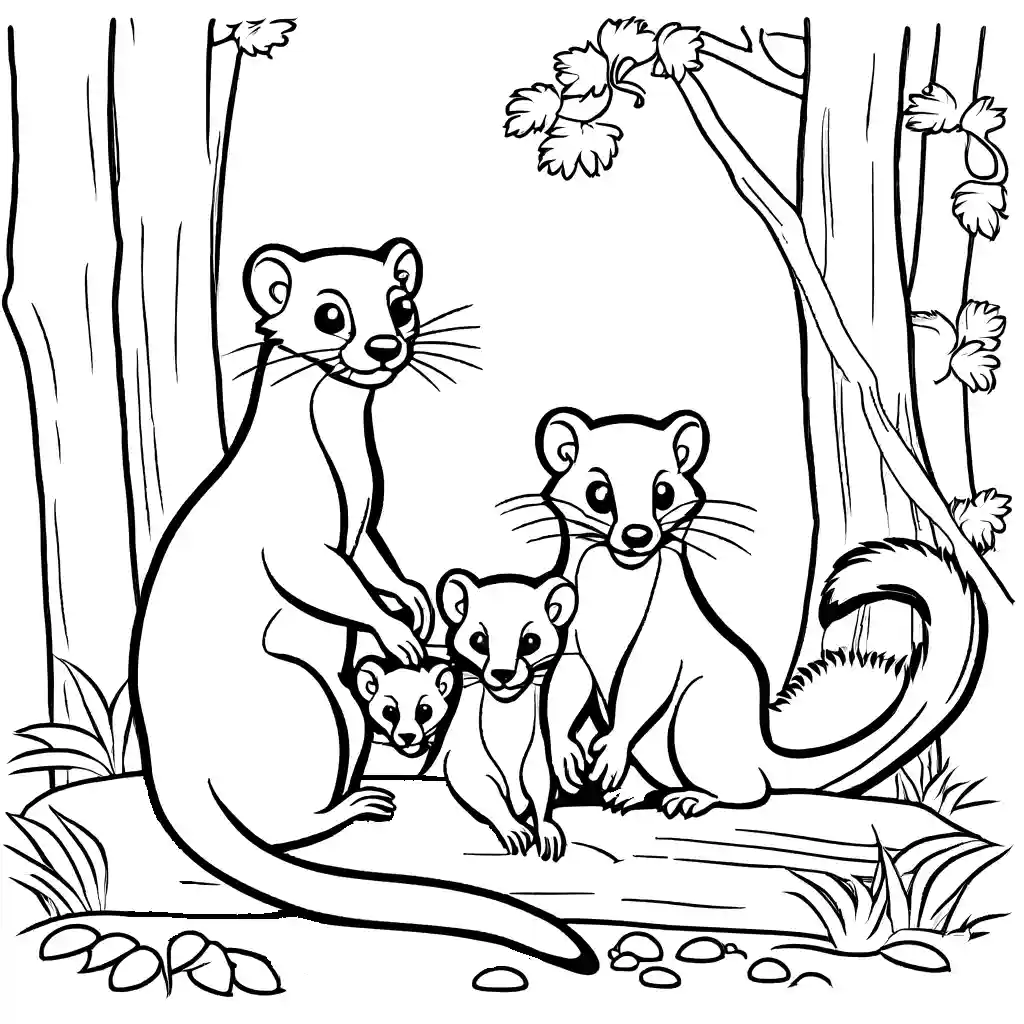 Weasel family playing together in woodland coloring page