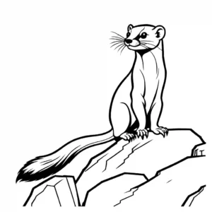 Weasel with fluffy tail standing on rocky ledge coloring page