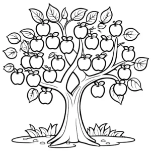 Coloring page of a whimsical apple tree with large cartoon-like apples and broad leaves. coloring page
