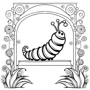Caterpillar with a polka dot pattern and a top hat exploring a whimsical garden coloring page