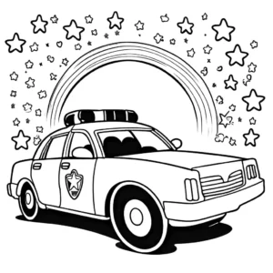 Magical police car coloring page with smiley face and star trail coloring page