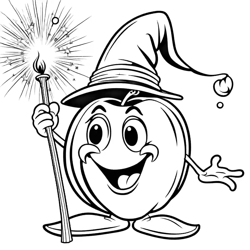 Coloring page of a funny apple wearing a wizard hat, sticking out its tongue and casting a spell with magical sparkles. coloring page