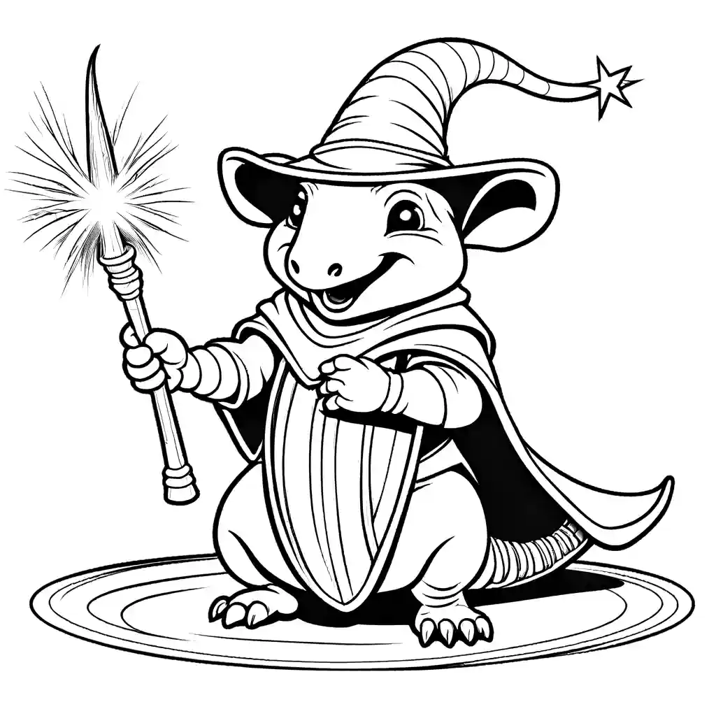 Funny armadillo dressed as wizard casting colorful spells with magical wand coloring page