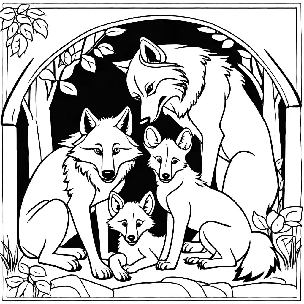 Illustration of wolf parents and playful pups in den coloring page