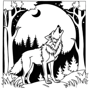 Wolf howling under the moon in a peaceful forest coloring page