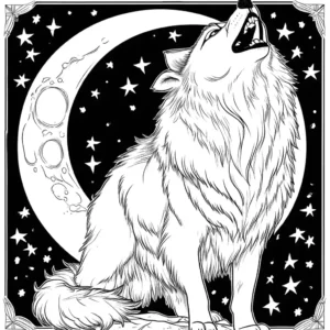 Wolf howling at the moon on a starry night - coloring page