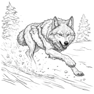 Wolf running through a snowy landscape - coloring page
