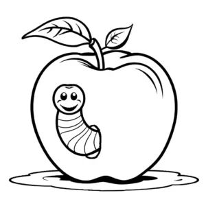 Coloring page featuring an outline of a worm emerging from an apple. coloring page