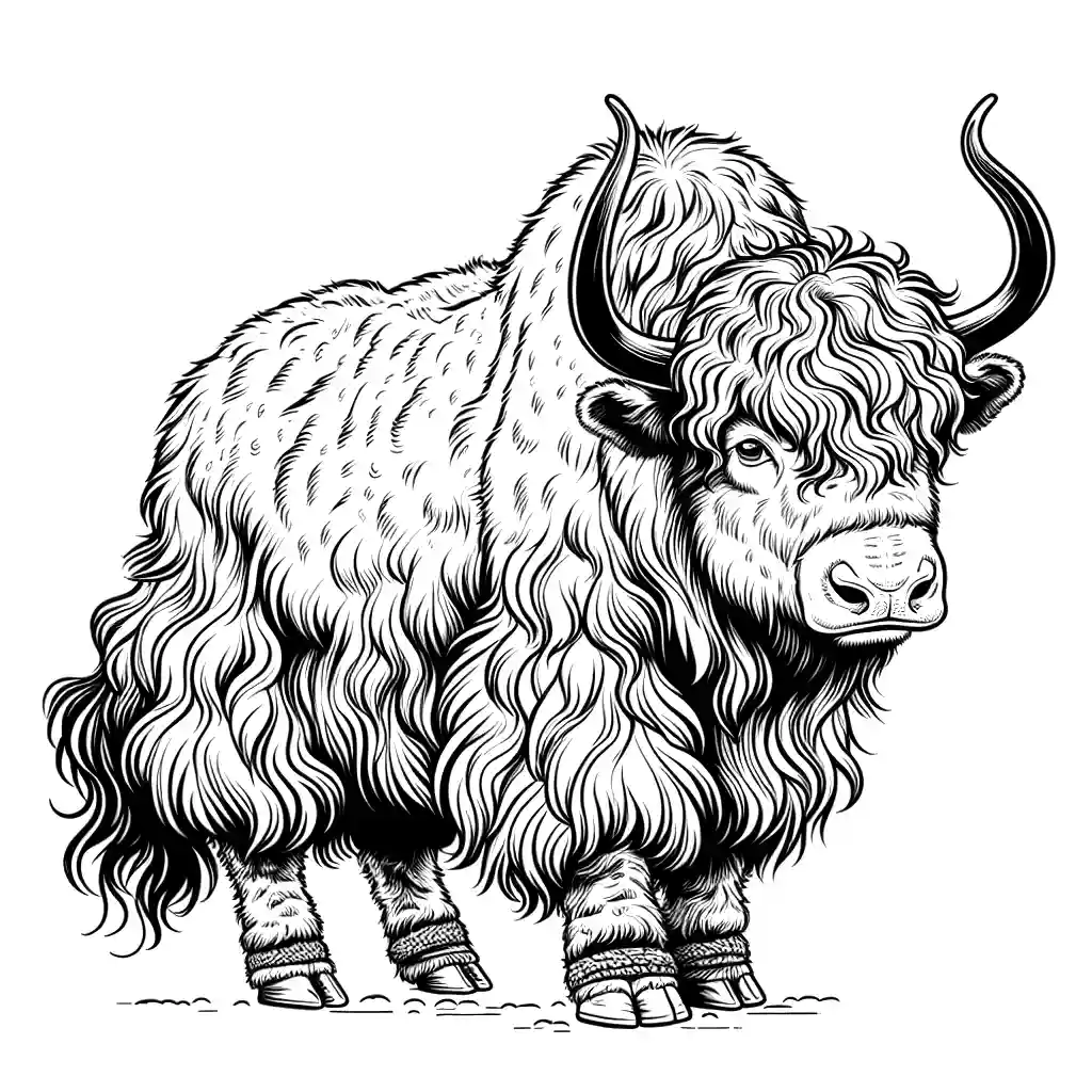 Black and white line drawing of a yak for kids to color, featuring detailed fur texture coloring page