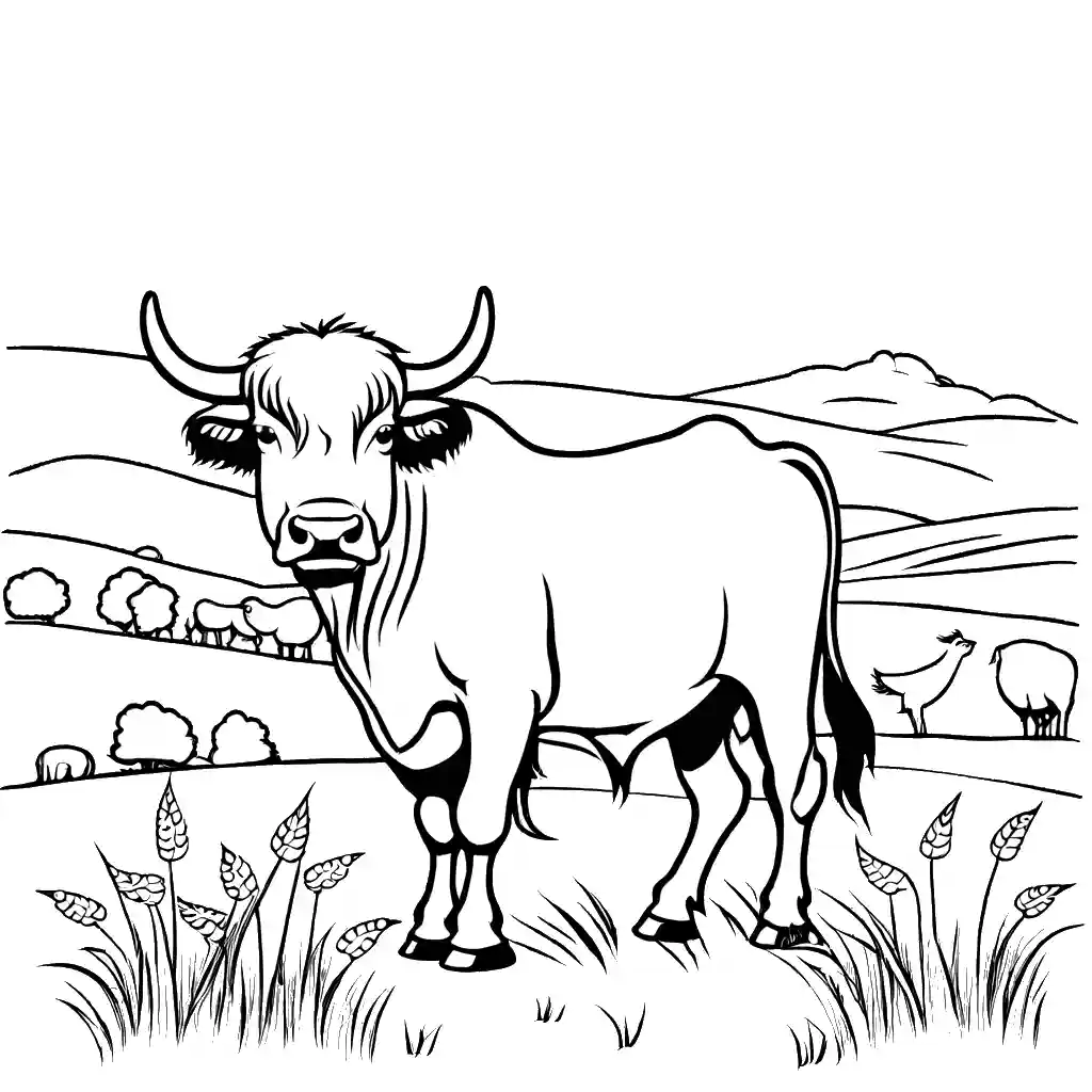 Line drawing of a Yak grazing in an open field with birds flying above. coloring page