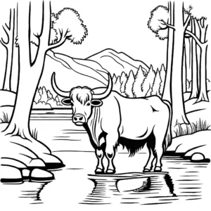 Outline illustration of a Yak standing by a river surrounded by trees. coloring page