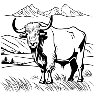 Outline of a Yak standing in a grassy field with mountains in the background. coloring page