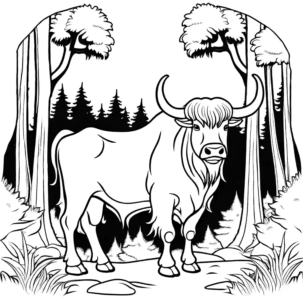 Detailed line drawing of a Yak in a forest with tall trees. coloring page