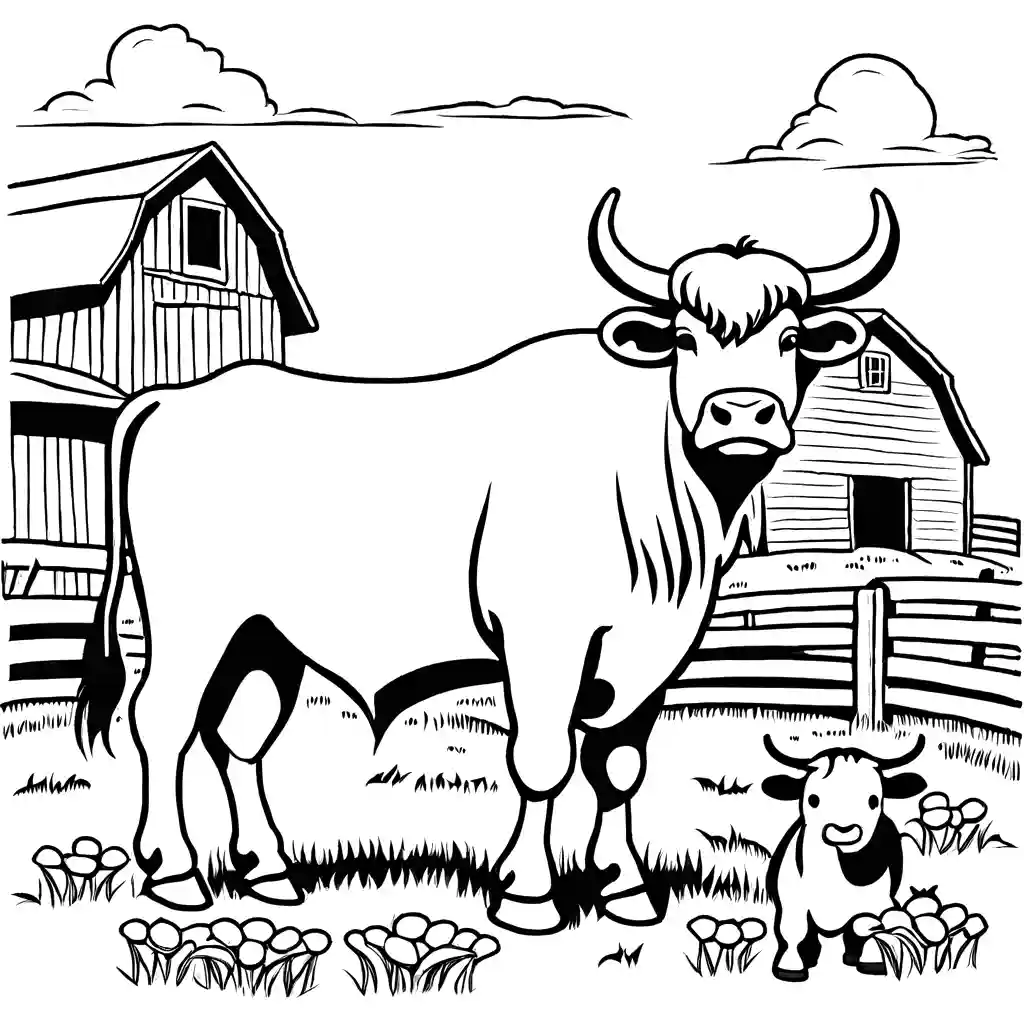 Outline drawing of a Yak on a farm with barns and other farm animals. coloring page