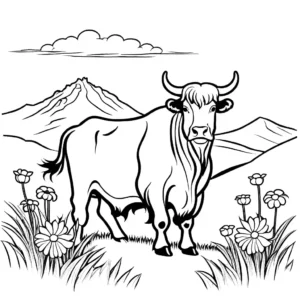 Outline of a Yak on a hill surrounded by flowers. coloring page