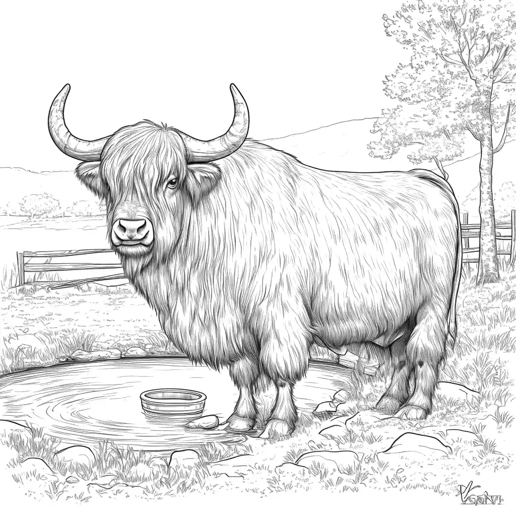 Coloring page featuring a Yak in a farm setting standing next to a water source, perfect for a fun and educational activity. coloring page