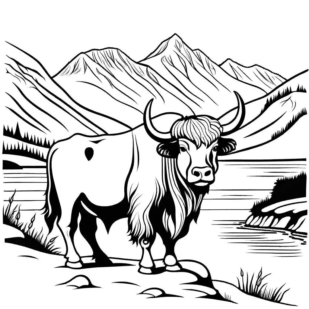 Coloring page of a yak with a scenic background of rolling hills and a river coloring page