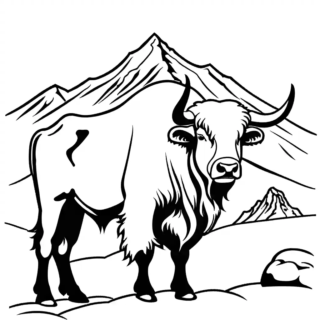 Outline of a Yak with snowy mountains in the backdrop. coloring page