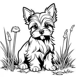 Adorable Yorkie puppy sitting on grass with a bone coloring page