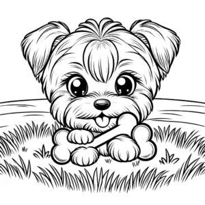 Yorkie dog sitting on a grassy field with a dog bone in its mouth coloring page