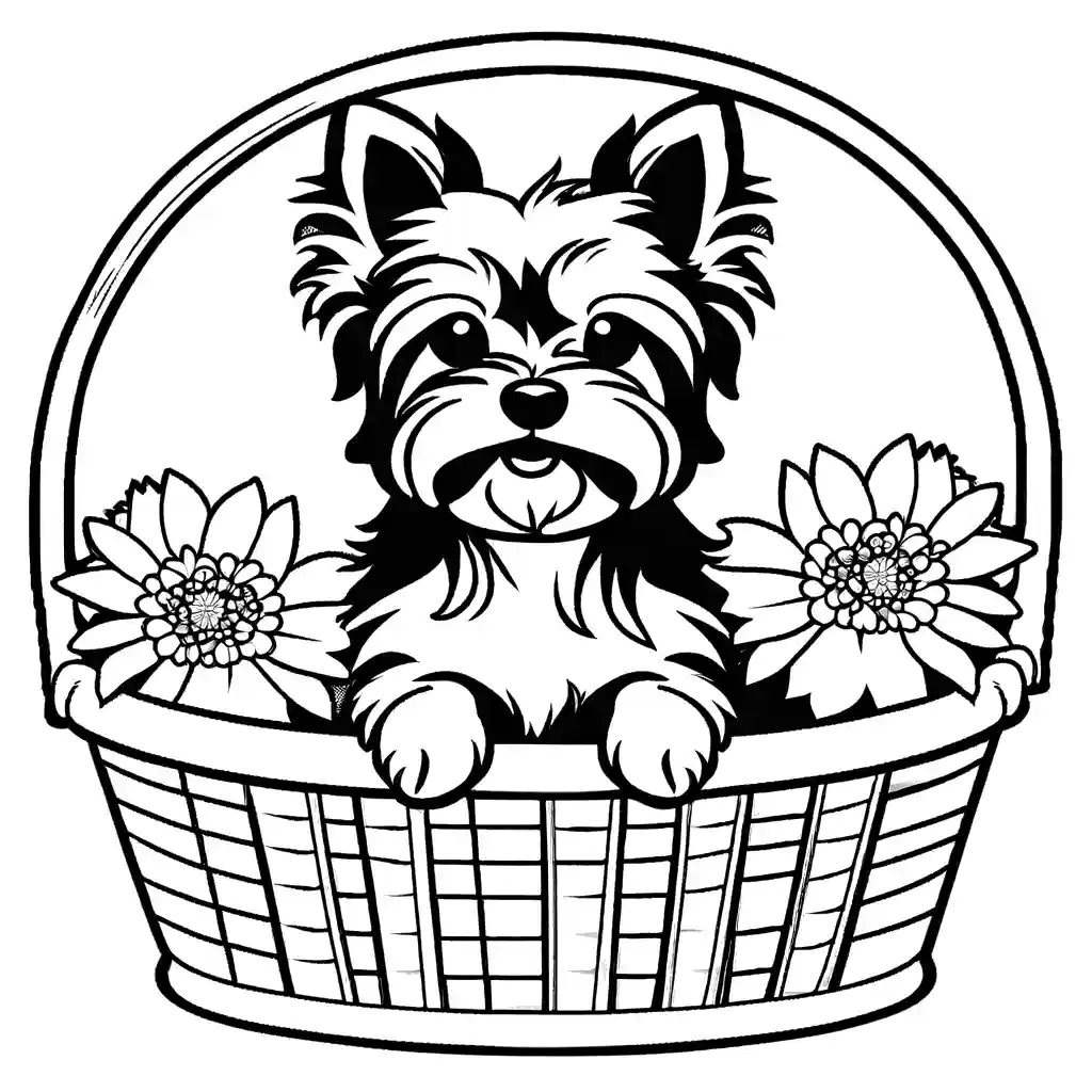 Yorkshire Terrier sitting in a basket surrounded by flowers coloring page