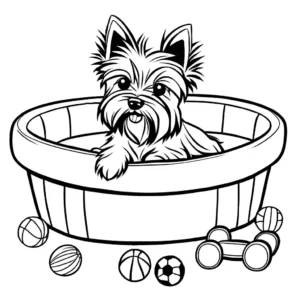 Yorkshire Terrier sitting in a dog bed surrounded by toys coloring page