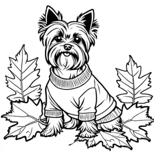Yorkshire Terrier standing on pile of autumn leaves wearing a sweater coloring page