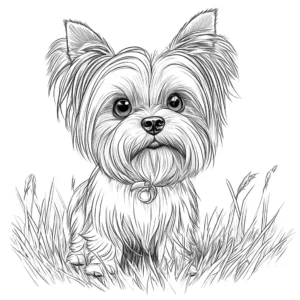 Friendly Yorkie with long silky hair and perky ears standing on a grassy field coloring page