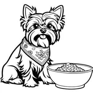 Yorkshire Terrier wearing a bandana and sitting next to a food bowl coloring page