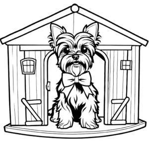 Yorkshire Terrier standing on a doghouse with a bow on its head coloring page