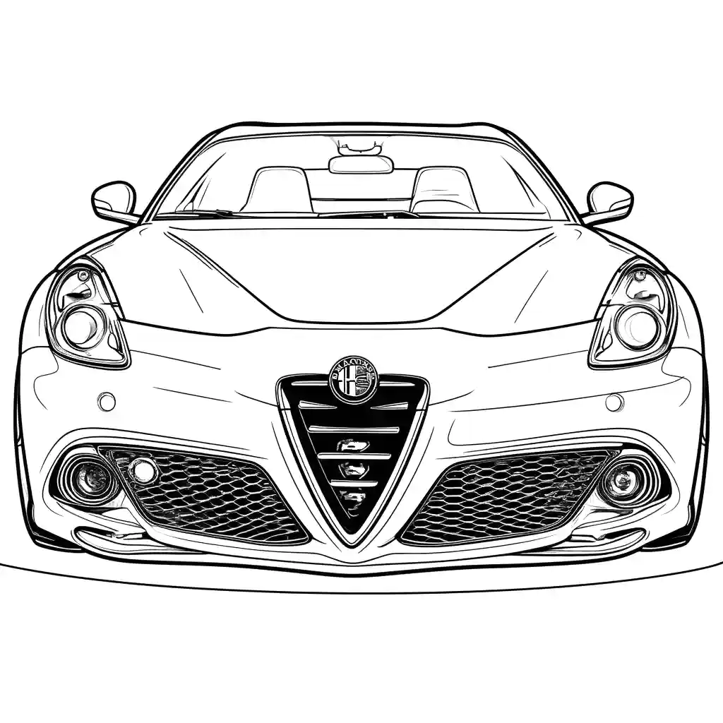 Line art of a detailed Alfa Romeo car designed for coloring, featuring clear outlines and intricate details.