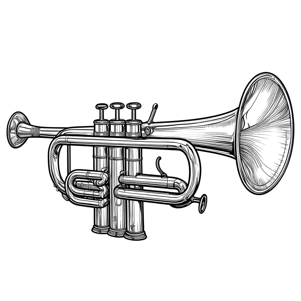 Coloring page showing an artistically designed trumpet illustration with clear, bold outlines for coloring.