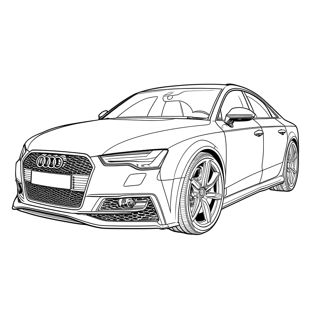 Black and white coloring page of a sleek Audi car with clean outlines and clear details.