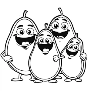 Coloring page featuring a happy family of avocado characters with various expressions, perfect for kids