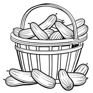 Coloring page showing a basket filled with cucumbers, with a few spilling out.