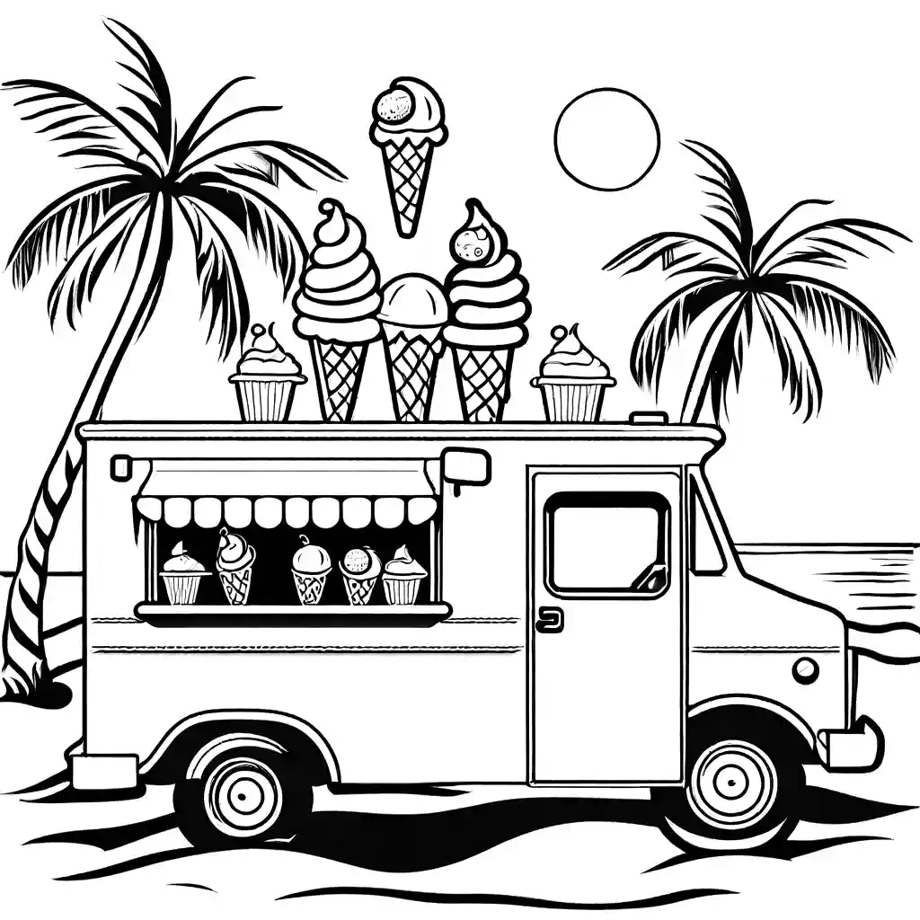 Line art of an ice cream truck with beach background and palm trees. coloring page